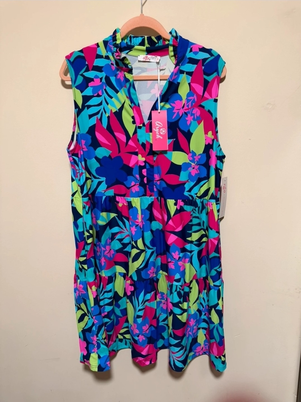 Aryeh Tropical Floral Sleeveless Dress in Blue, Pink & Green Xl